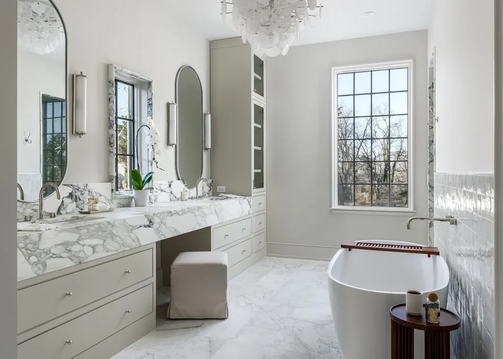 Luxury bathroom remodeling project in South Jersey featuring a freestanding tub, floating vanity, walk-in shower, and modern lighting.